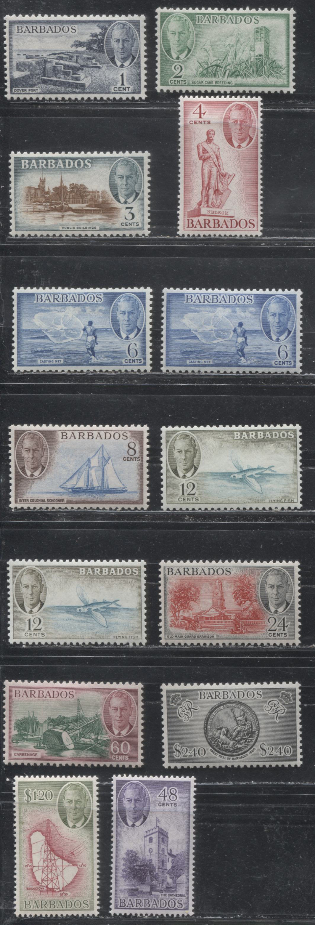 Barbados SG#271-282 1950-1952 Pictorial Definitive Issue, a VF LH Complete Set , Including Extra Printings of the 12c and 6c