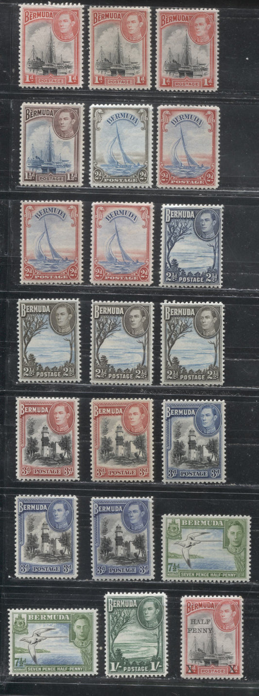 Bermuda SG#110-115, 122 1d Black and Red - 1/- Green 1938-1952 Pictorial Definitive Issue, a VFLH Set of Low Values Including 1938, Wartime and Postwar Printings
