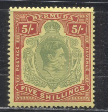 Bermuda SG#118f 5/- Yellow Green and Red on Yellow 1938-1952 High Value Keyplate Definitive Issue, A Very Fine LH Example of the February 1950 Printing, Perf. 13, Ordinary (Substitute) Paper