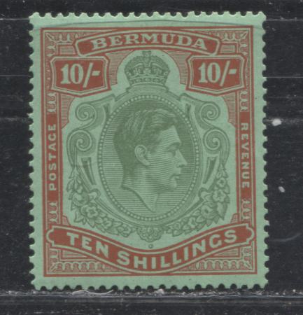 Bermuda SG#119a 10/- Bluish Green and Deep Red on Green 1938-1952 High Value Keyplate Definitive Issue, A Very Fine LH Example of the 1939 Printing, Perf. 14, Chalky Paper