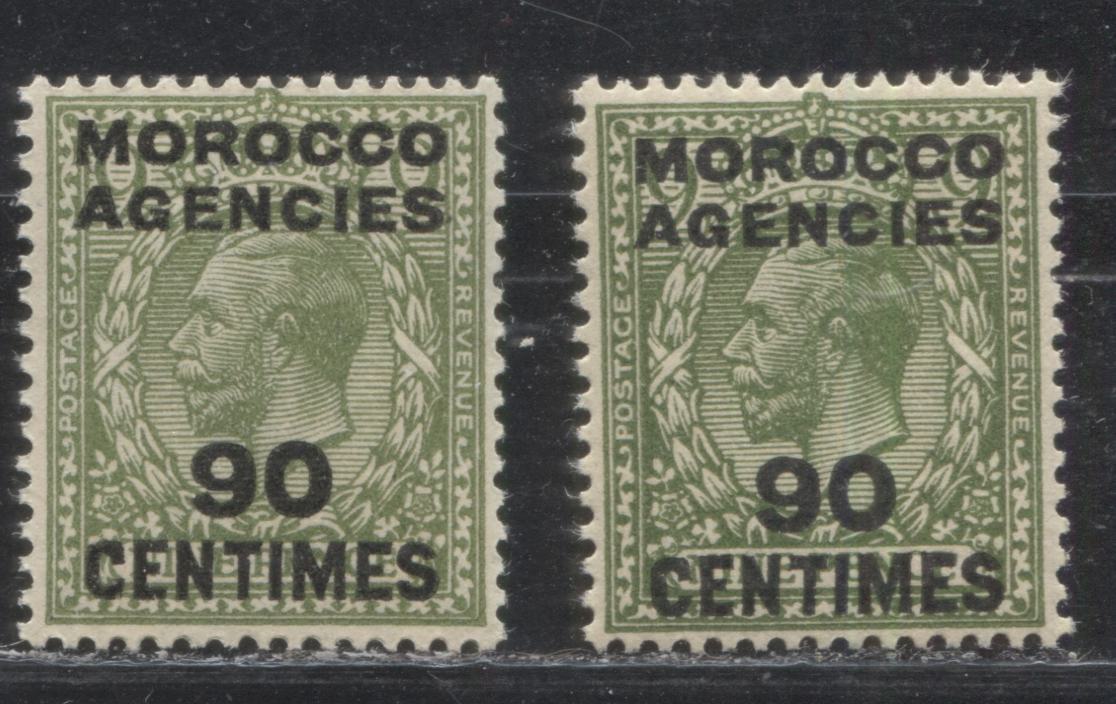 Morocco Agencies French Currency #420 (SG#209) 90 Centimes on 9d Olive Green, 1924-1934 King George V Heads, Watermarked Block Cypher, Two VFNH Examples, Each a Different Shade
