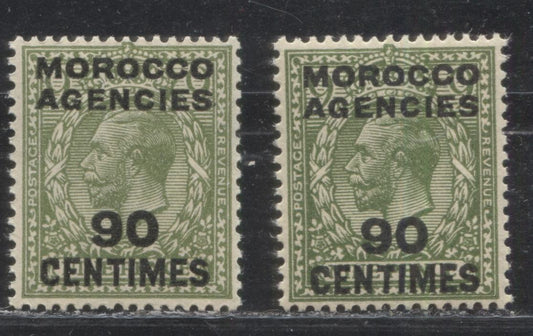 Morocco Agencies French Currency #420 (SG#209) 90 Centimes on 9d Olive Green, 1924-1934 King George V Heads, Watermarked Block Cypher, Two VFNH Examples, Each a Different Shade