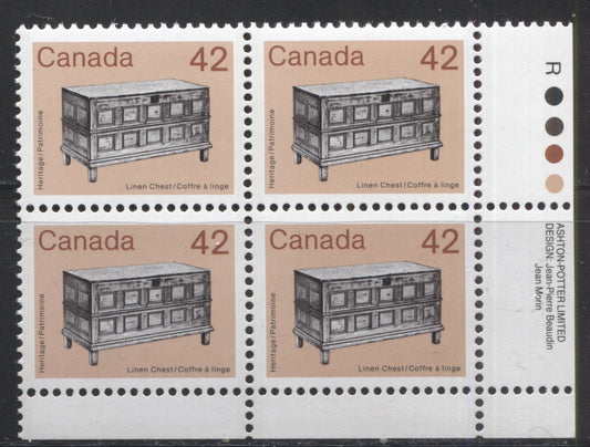 Canada #1081i 42c Multicoloured Linen Chest, 1982-1987 Artifacts and National Parks Issue, A VFNH LR Inscription Block on DF/F Rolland Paper