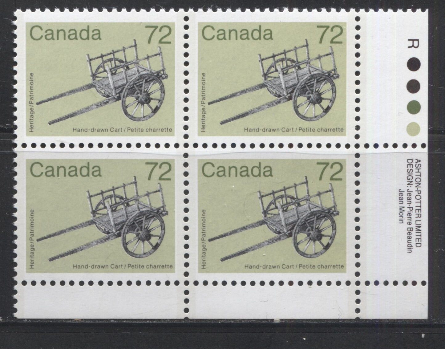 Canada #1083 72c Multicoloured Hand Drawn Cart, 1982-1987 Artifacts and National Parks Issue, A VFNH LR Inscription Block on LF/LF-fl Rolland Paper