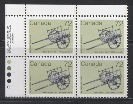 Canada #1083 72c Multicoloured Hand Drawn Cart, 1982-1987 Artifacts and National Parks Issue, A VFNH UL Inscription Block on LF/LF-fl Rolland Paper
