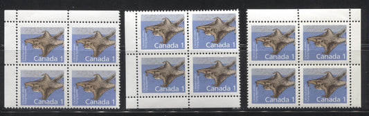 Canada #1155, 1155i 1c Flying Squirrel 1988-1991 Wildlife and Architecture Issue, a VFNH Group of 3 Field Stock Blocks on DF/DF Slater Paper and Dead/NF Coated Papers Paper