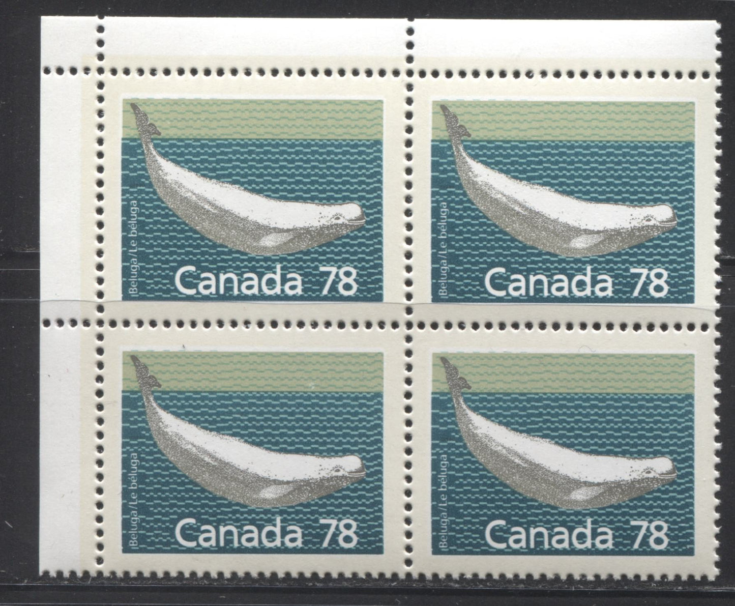 Canada #1179 78c Multicolored Beluga Whale 1988-1991 Wildlife and Architecture Issue, VFNH UL Field Stock Block on NF/NF Slater Paper