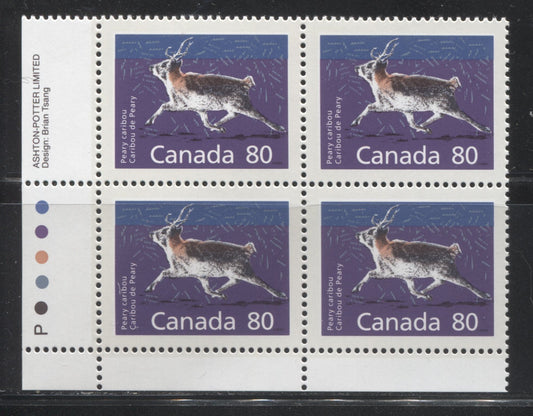 Canada #1180c 80c Peary Caribou 1988-1991 Wildlife and Architecture Issue, VFNH LL Inscription Block on DF/LF Peterborough Paper, Perf. 14.4 x 13.8