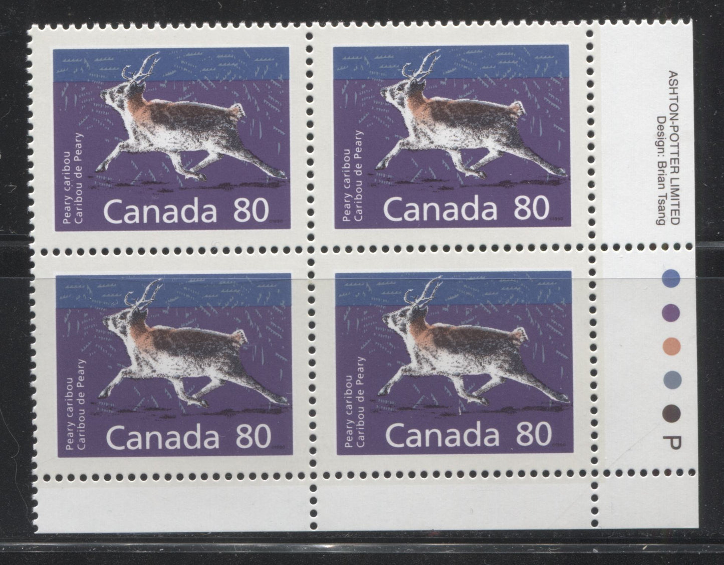 Canada #1180c 80c Peary Caribou 1988-1991 Wildlife and Architecture Issue, VFNH LR Inscription Block on DF/LF Peterborough Paper, Perf. 14.4 x 13.8