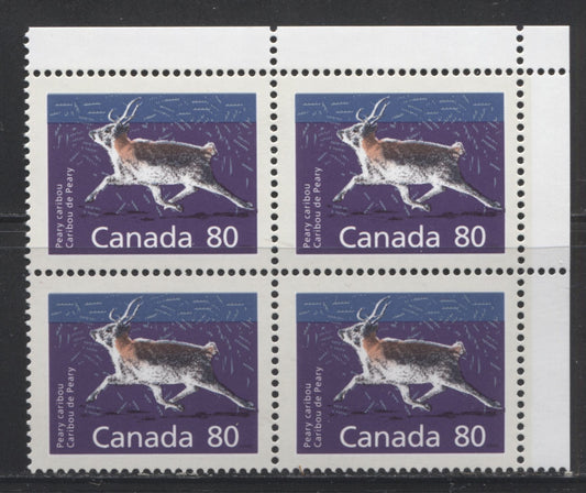 Canada #1180c 80c Multicolored Peary Caribou 1988-1991 Wildlife and Architecture Issue, VFNH UR Field Stock Block on Unlisted DF/LF Peterborough Paper