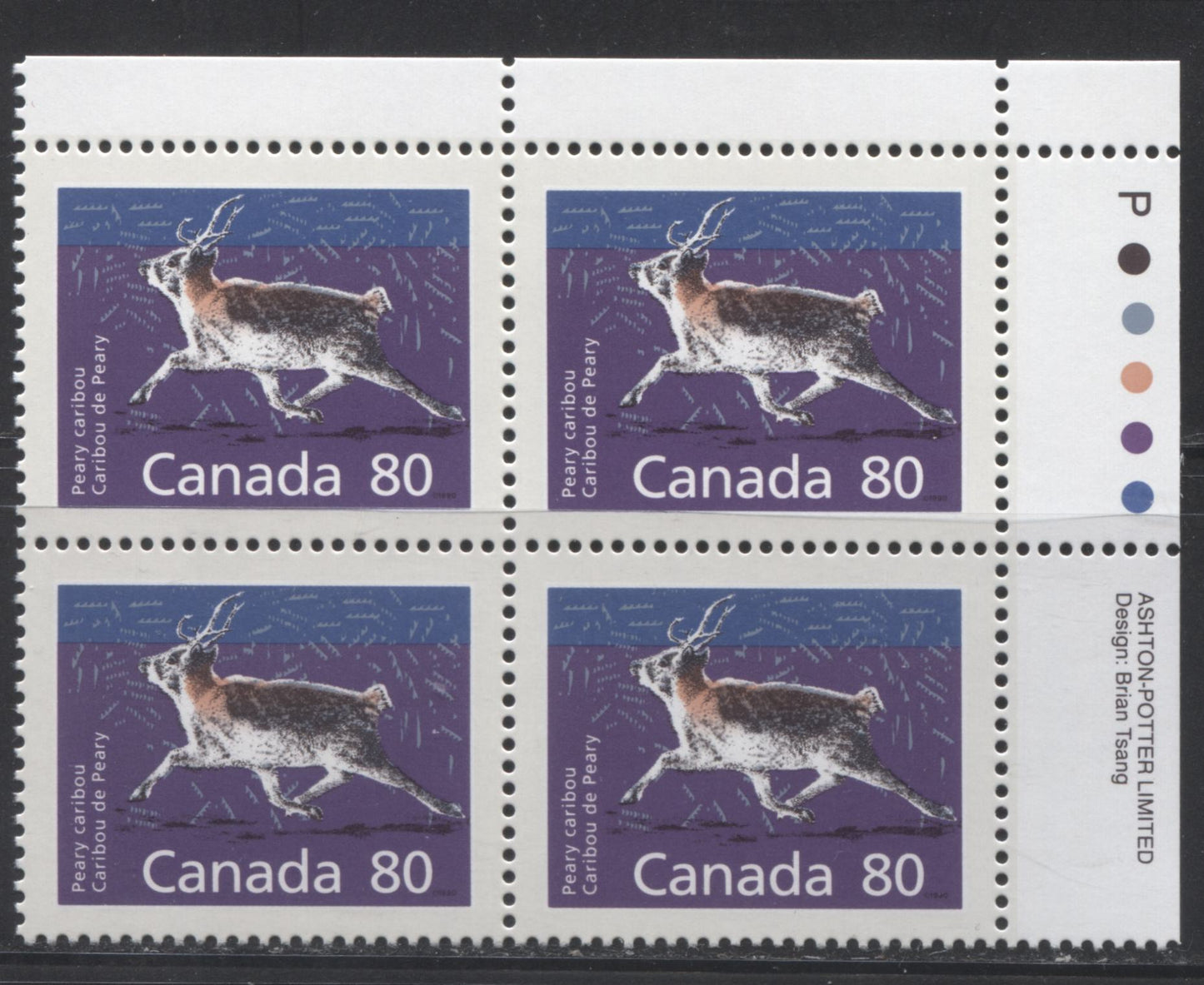 Canada #1180c 80c Peary Caribou 1988-1991 Wildlife and Architecture Issue, VFNH UR Inscription Block on DF/LF Peterborough Paper, Perf. 14.4 x 13.8