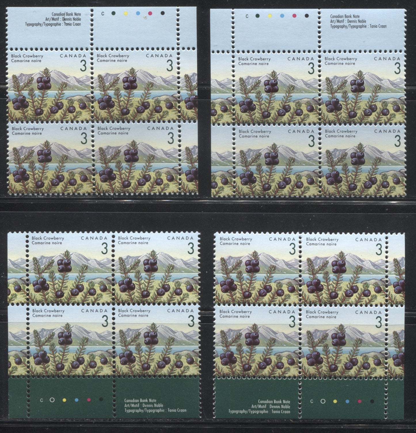 Canada #1351ii 3c Black Crowberry, 1991-1998 Fruit & Flag Definitive Issue, A VFNH Matched Set of Inscription Blocks, Canadian Bank Note Printing on Coated Papers Paper