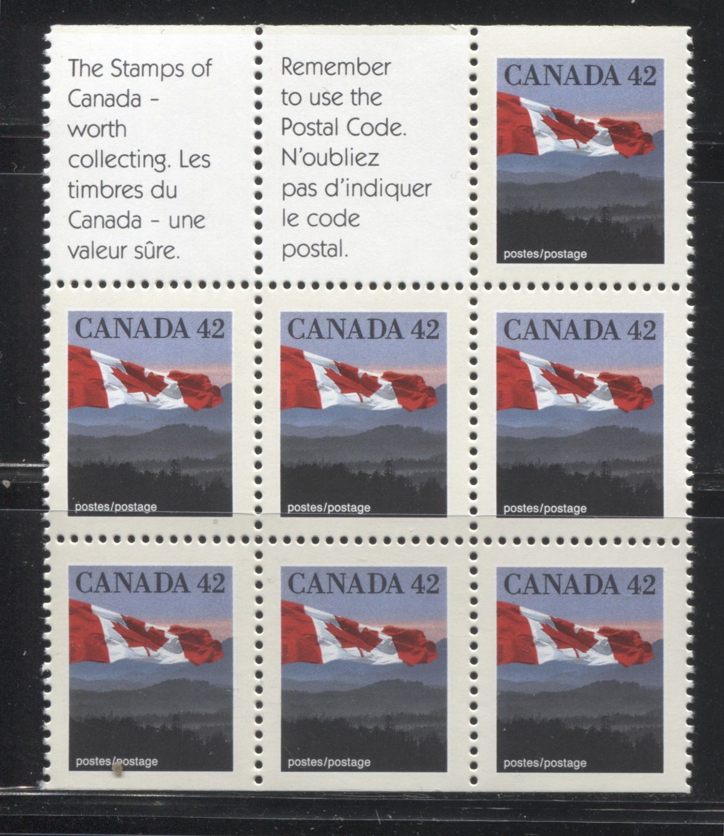 Canada #1356as 42c Canadian Flag 1991-1998 Fruit and Flag Issue, a VFNH Stamp-Label Block From the Large Booklet, NF/DF Coated Papers Paper