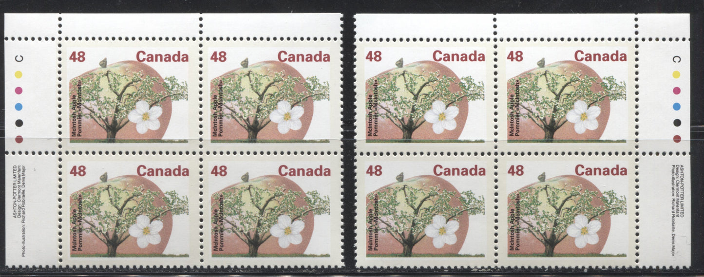 Canada #1363 48c McIntosh Apple, 1991-1998 Fruit & Flag Definitive Issue, VFNH UL and UR Inscription Blocks, Perf. 13.1 on Dead/NF Coated Papers Paper