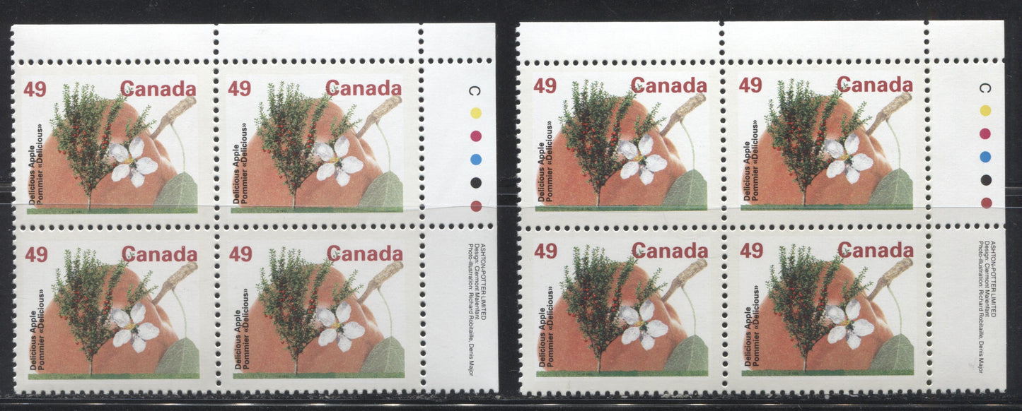 Canada #1364 49c Delicious Apple, 1991-1998 Fruit & Flag Definitive Issue, Two VFNH UR Inscription Blocks, Perf. 13.1 on Dead/NF Coated Papers Paper, Each A Slightly Different Shade