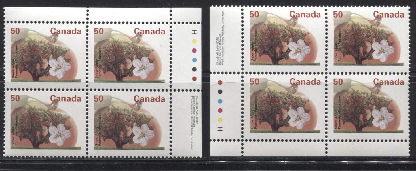 Canada #1365 50c Snow Apple, 1991-1998 Fruit & Flag Definitive Issue, VFNH UR & LL Inscription Block, Perf. 13.1 on DF/DF Harrison Paper