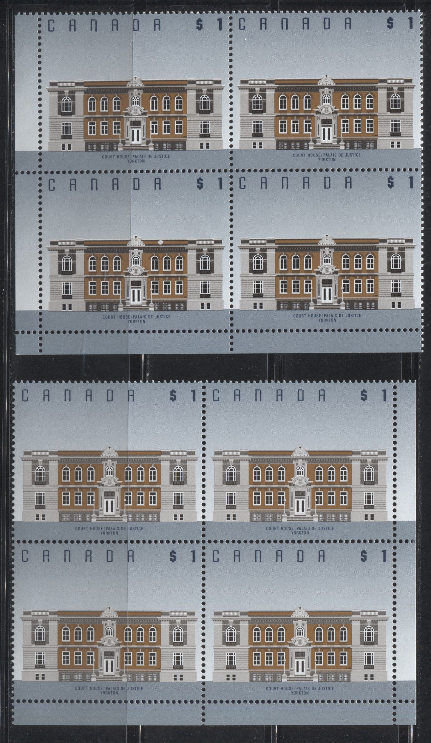 Canada #1375b $1 Yorkton Courthouse, 1991-1998 Fruit and Flag Issue, Two VFNH LL & LR Field Stock Blocks of the CBN Printing, Each a Distinct Shade