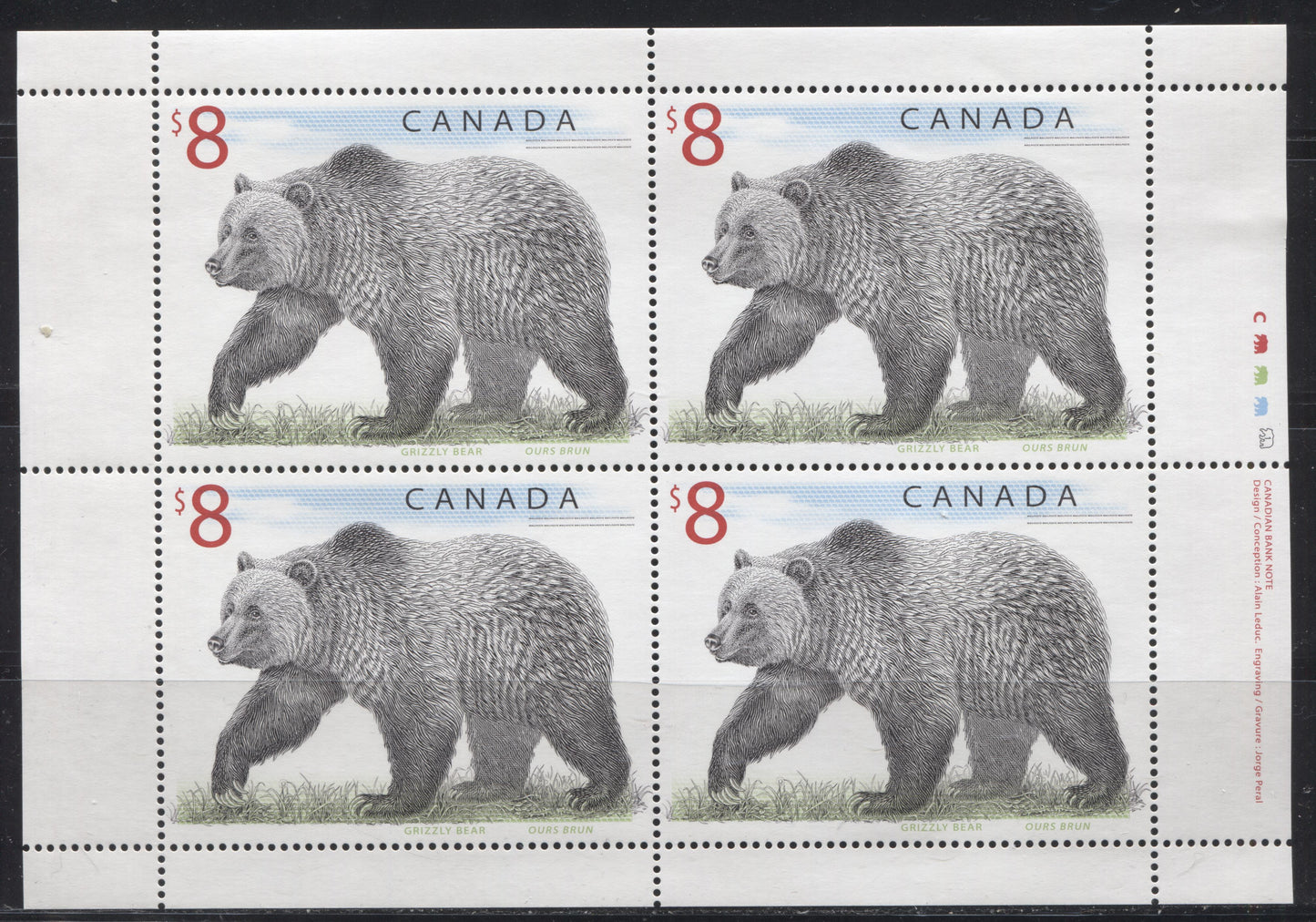 Canada #1694 $8 Multicoloured Grizzly Bear, 1998-2005 Trades and Wildlife Definitive Issue, a VFNH Sheetlet of 4 on Dead/NF Paper