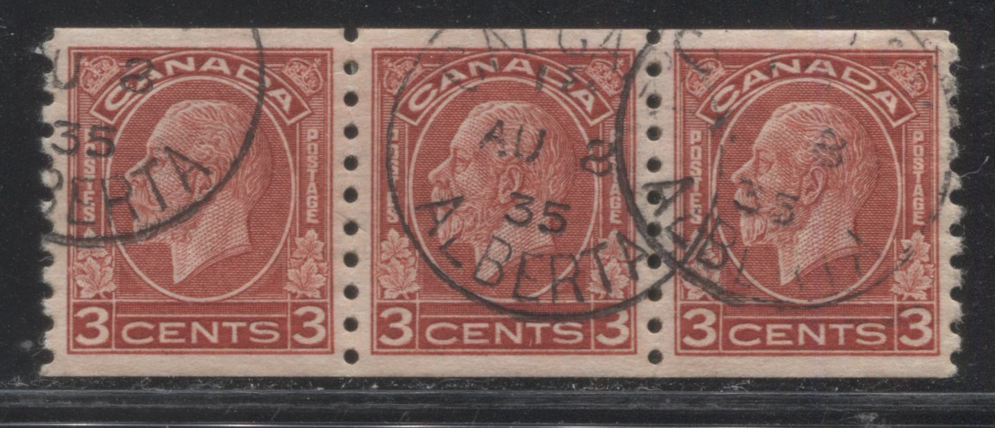 Canada #207 3c Deep Red King George V Medallion Issue Coil Strip of 3 VF-84 Used