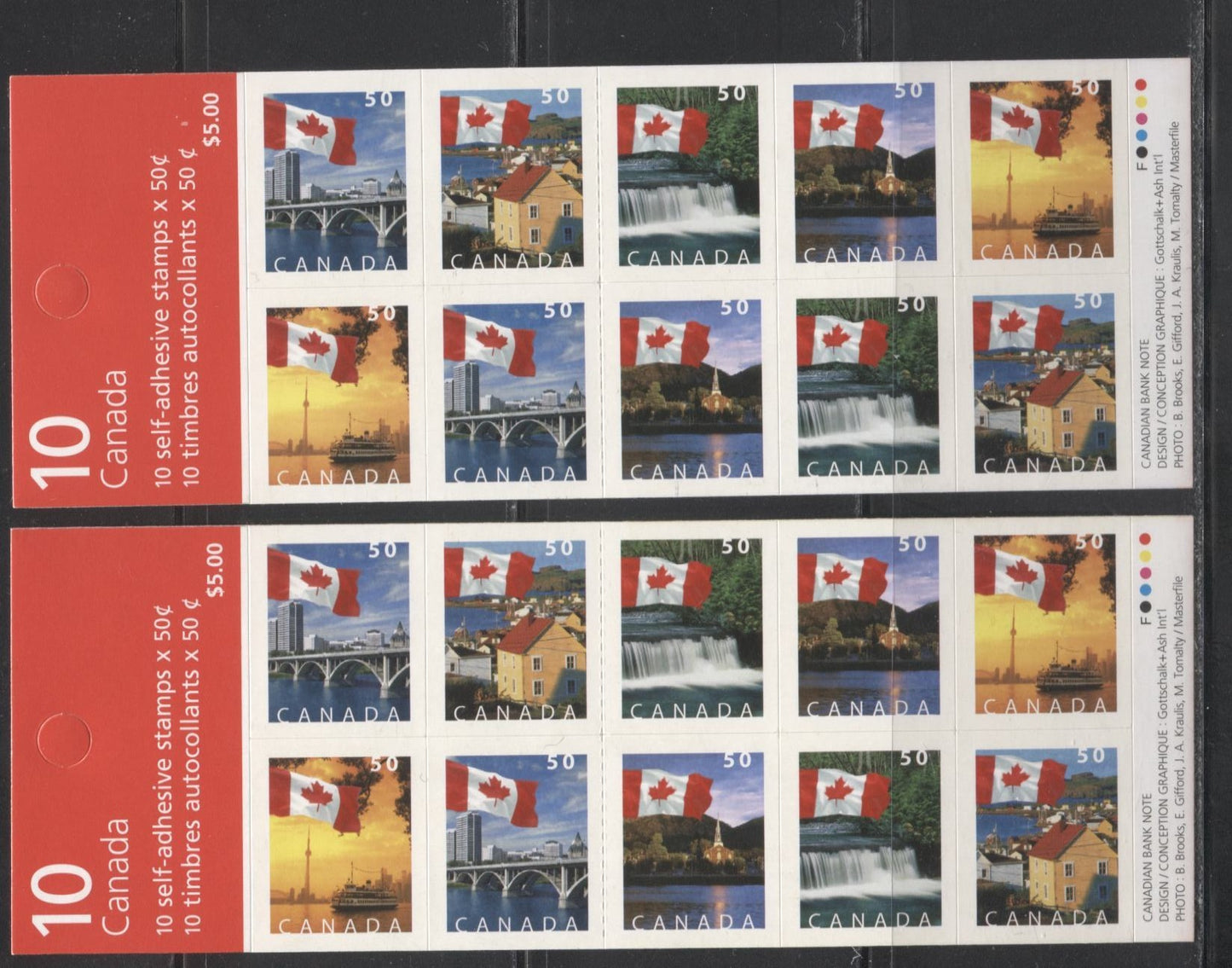 Canada #BK302b 2004-2005 Flag Over Canada Definitive Issue, Two Complete $5 Booklets, Tullis Russell Coatings Paper, Dead/High Fluorescent Paper, 4 mm GT-4 Tagging, Narrow Roulette - 29 Slits, Covers QB and AA