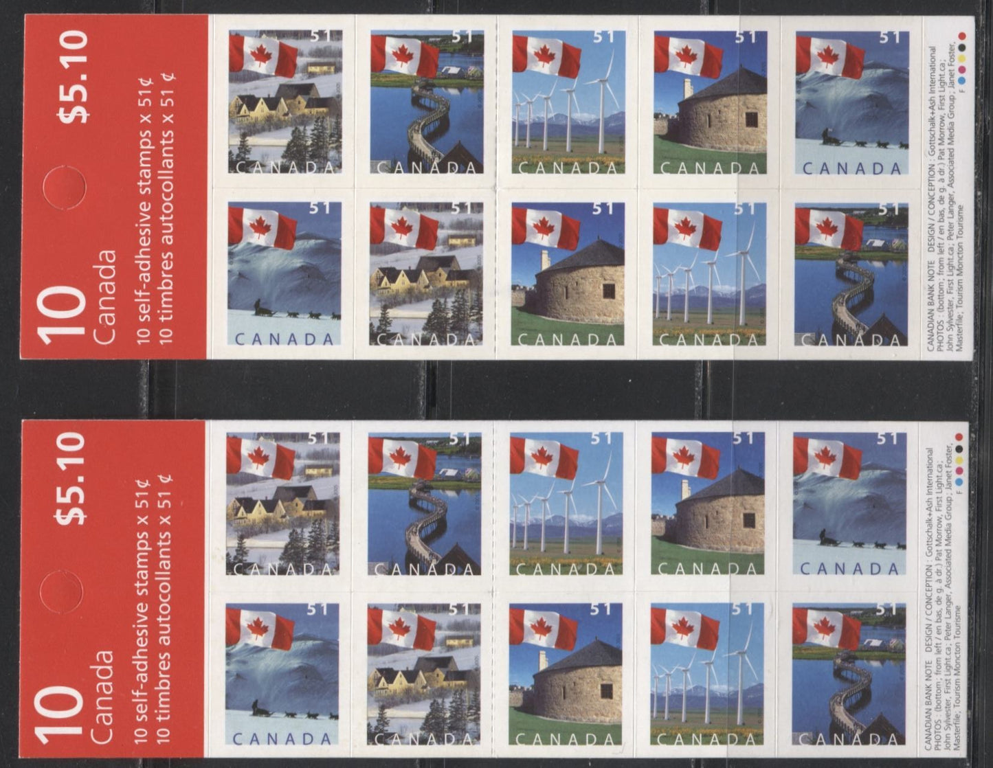 Canada #BK317a 2004-2010 Floral & Canadian Pride Definitives, 2 Complete $5.10 Booklets, Dead Fasson Paper, CBN Printing, Strong and Weak 4 mm GT-4 Tagging, Narrow 29 Slit Roulette