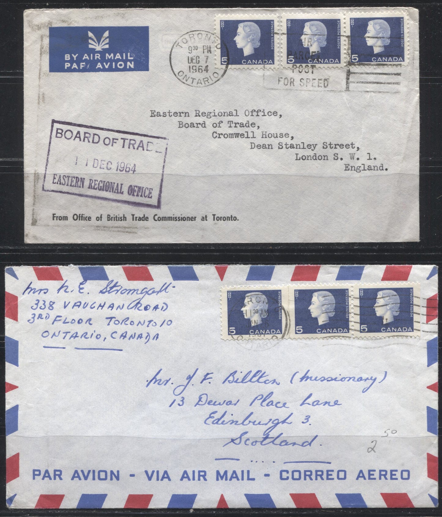 Canada #405, 405as 1962-1967 Cameo Issue, Two 15c Airmail Covers Franked With 3 x 5c Cameo Stamps