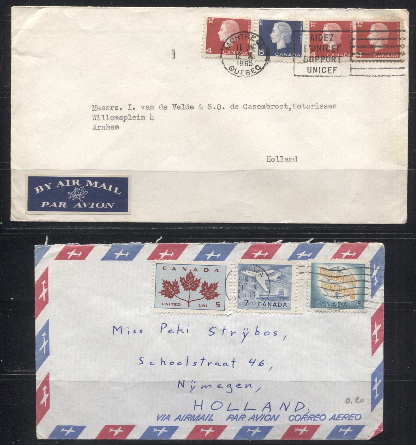 Canada #404/417 1962-1967 Cameo Issue, Two Airmail Covers to Holland Franked With Combination Usages