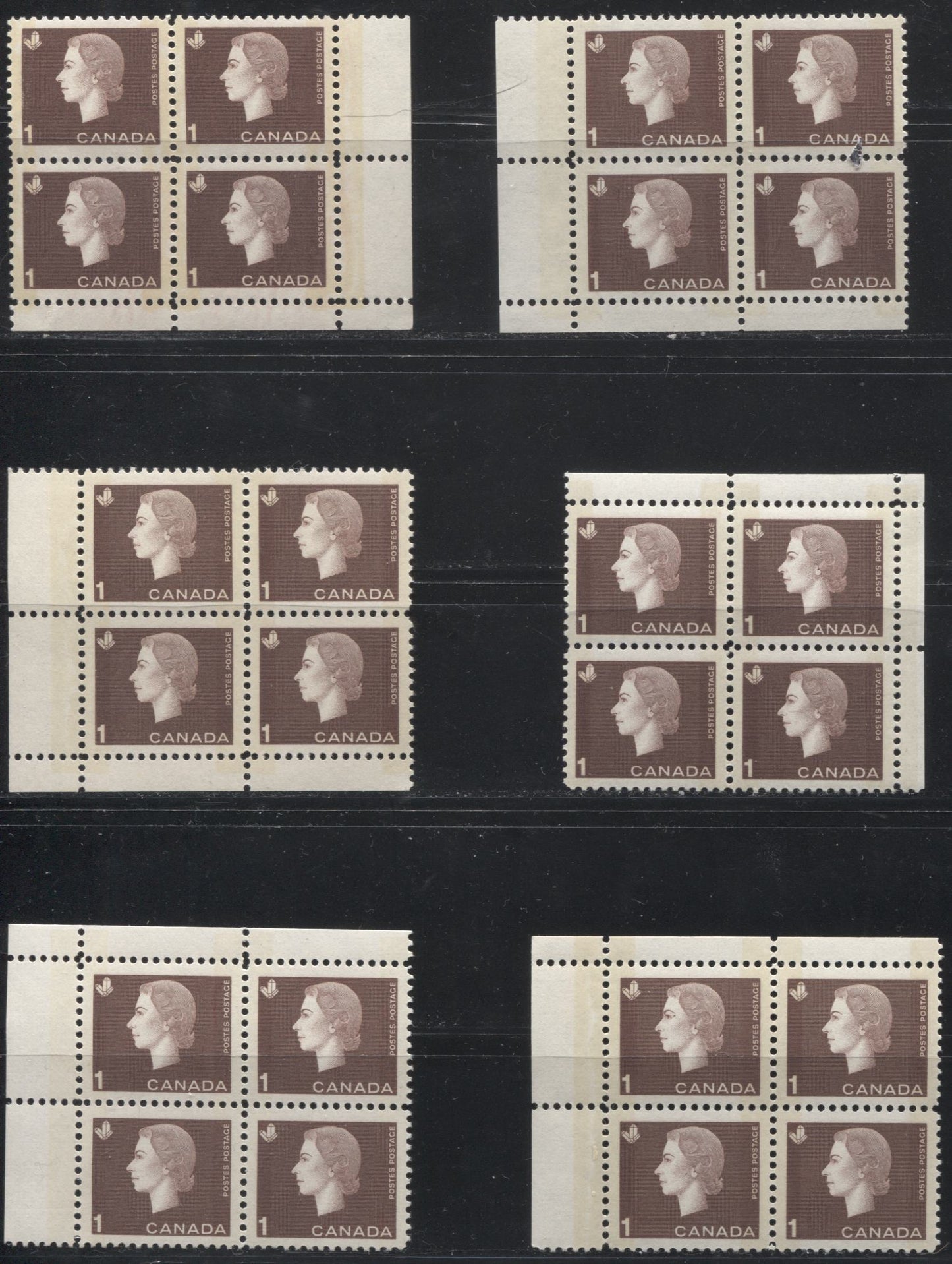 Canada #401p 1c Brown Queen Elizabeth II, 1962-1967 Cameo Issue, A VFNH Group of 6 Winnipeg Tagged Field Stock Corner Blocks With Different Selvedge Widths, Shades and Tagging Strengths, All on DF Paper