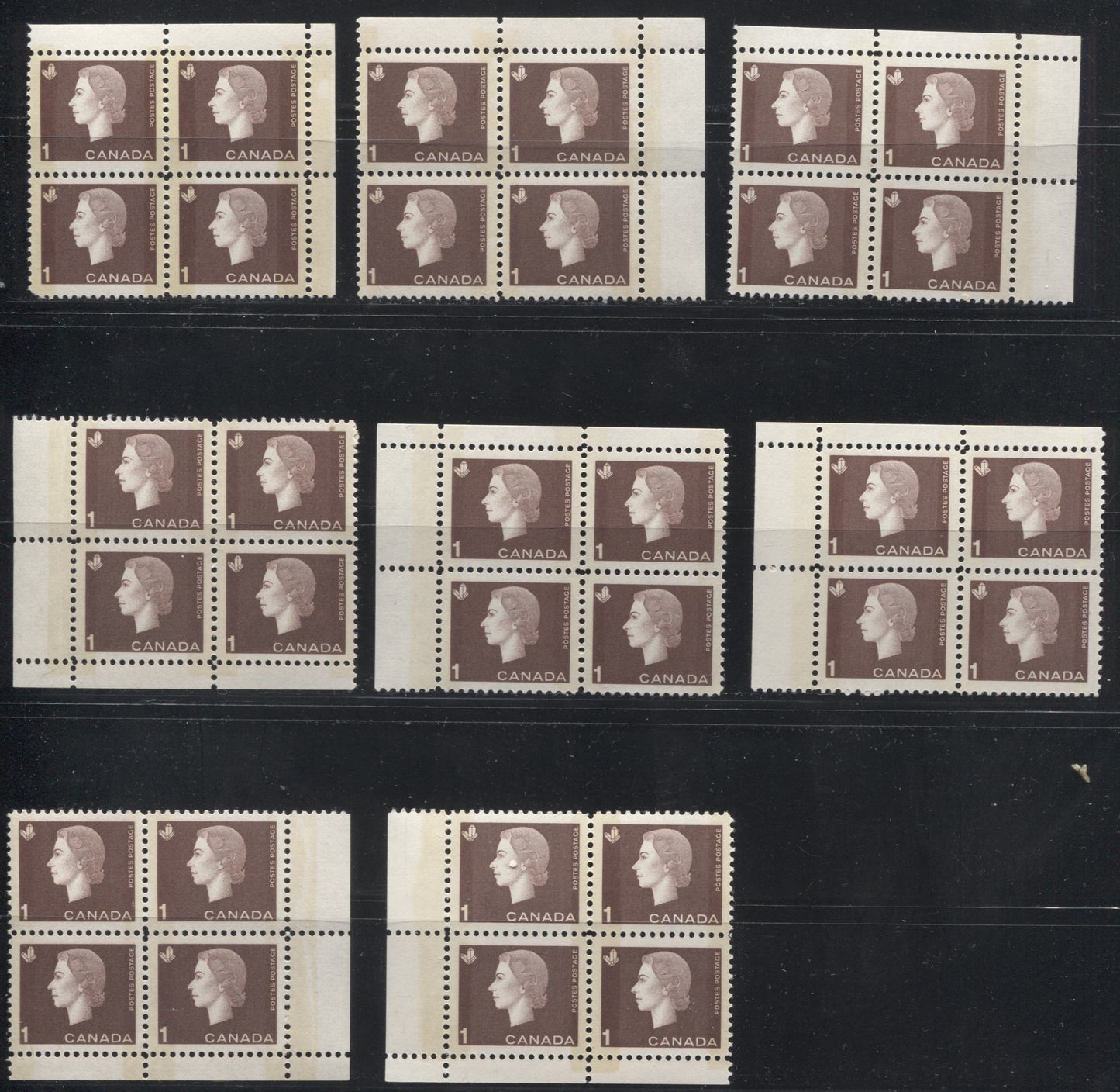 Canada #401p 1c Brown Queen Elizabeth II, 1962-1967 Cameo Issue, A VFNH Group of 8 Winnipeg Tagged Field Stock Corner Blocks With Different Selvedge Widths, Shades and Tagging Strengths, All on NF Paper