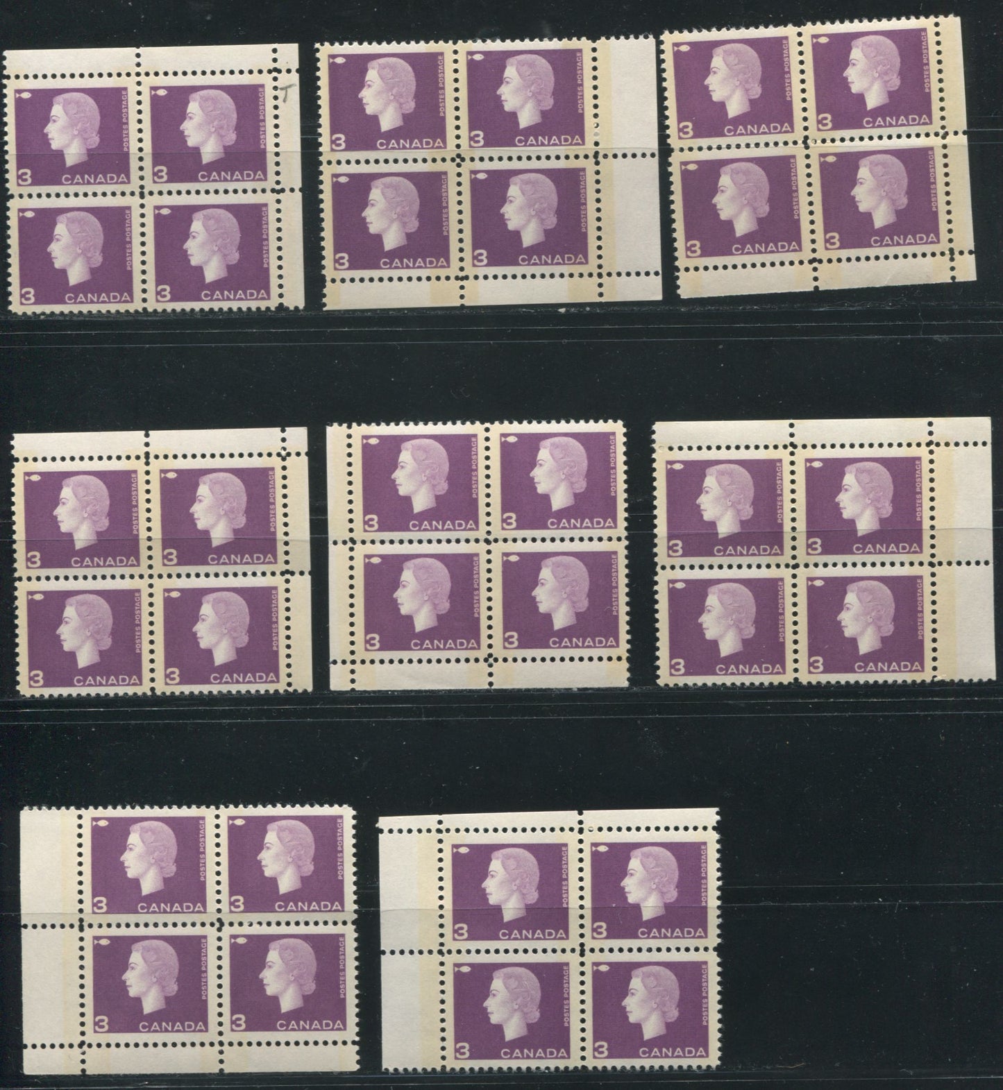 Canada #403p 3c Light Plum Queen Elizabeth II, 1962-1967 Cameo Issue, A Group of 8 VF Mostly All NH Winnipeg Tagged Field Stock Corner Blocks With Different Selvedge Widths and Different Tagging Strengths