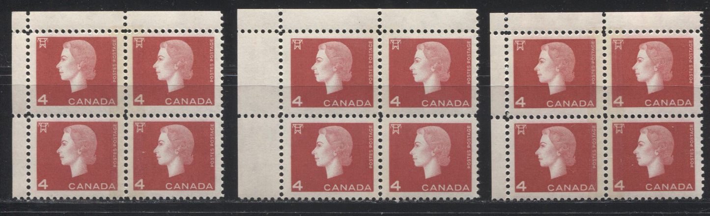 Canada #404x 4c Deep Red Queen Elizabeth II, 1962-1967 Cameo Issue, UL VFNH Winnipeg Tagged Field Stock Corner Blocks With 8 mm Split Bar and Different Selvedge Widths and Tagging Strengths