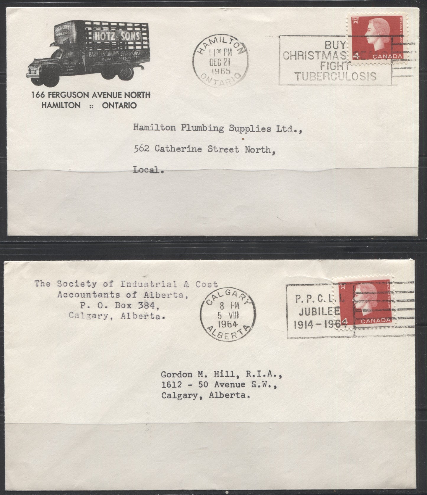 Canada #401-404 1c Brown - 4c Bright Red 1962-1967 Cameo Issue, Single and Combination Usages on 6 Domestic Covers and Postcards