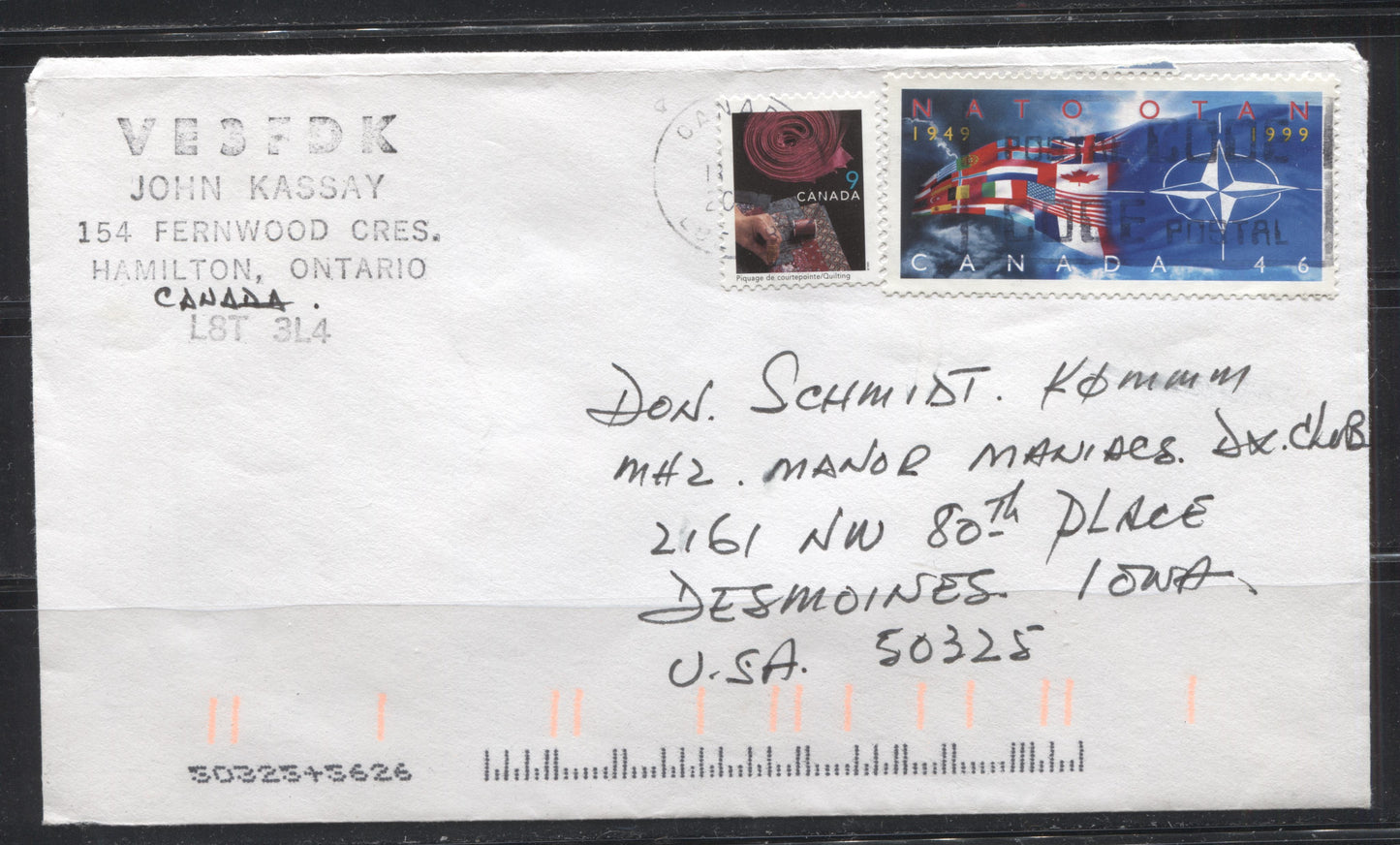 Canada #1674-1678 2c Ironwork - 9c Quilting, 1998-2003 Trades & Wildlife Issue, Combination Usages on Two Covers to the US