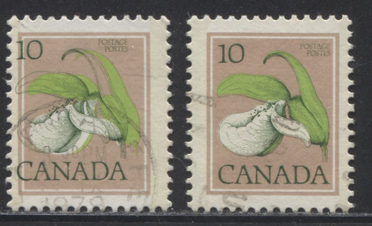 Canada #711a 10c Multicoloured Lady's Slipper, 1977-1982 Floral & Environment Issue, A Fine Used Example, With A Strong Leftward Shift of the Dark Green Engraving, Perf. 13 x 13.3