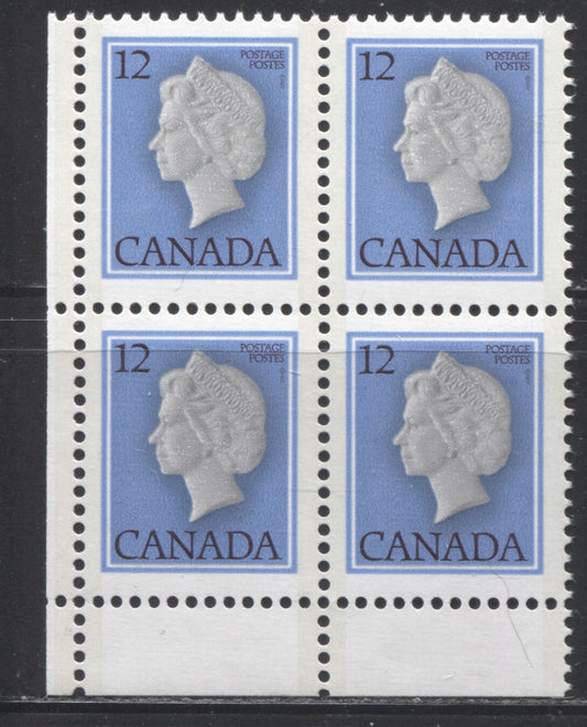 Canada #713i 12c Bright Blue And Black Queen Elizabeth II, 1977-1982 Floral & Environment Issue, A VFNH LL DF/DF-fl Field Stock Block On Horizontal Ribbed Paper