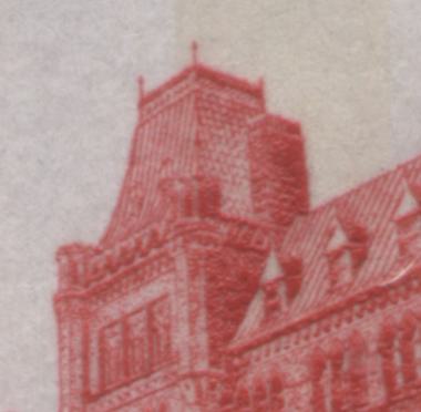 Canada #715T4b 14c Bright Red Parliament Buildings, 1977-1982 Floral & Environment Issue, the "Light in Window" and Missing Spire Varieties, a VFNH Left Sheet Margin Block of 8 Showing G2aC 1-Bar Tagging Errors on Right, DF Paper and Light Tagging