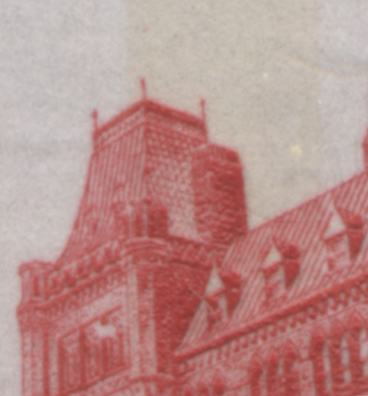 Canada #715T4b 14c Bright Red Parliament Buildings, 1977-1982 Floral & Environment Issue, the "Light in Window" and Missing Spire Varieties, a VFNH Left Sheet Margin Block of 8 Showing G2aC 1-Bar Tagging Errors on Right, DF Paper and Light Tagging