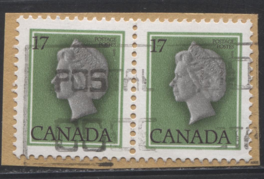 Canada #789T5 17c Green And Black Queen Elizabeth II, 1977-1982 Floral & Environment Issue, A Very Fine Used Pair on Piece, With G2aL1-Bar Tag Error on Right Stamp, DF Paper and Mottled Background