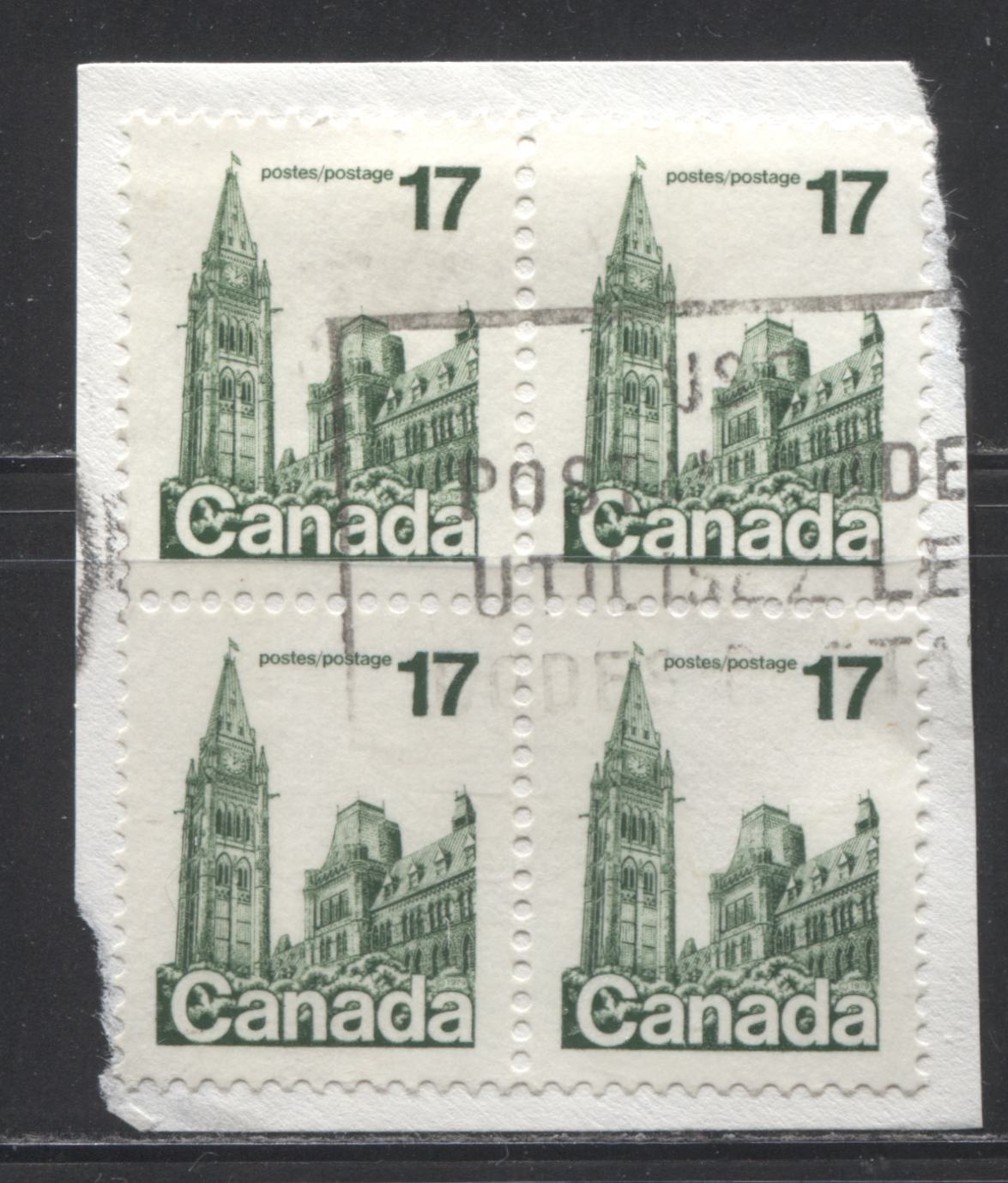 Canada #790T5 17c Dark Green Parliament Buildings, 1977-1982 Floral & Environment Issue, A Very Fine Used Block on Piece Showing G2aC Tagging Error, on  LF-fl Paper With Invisible Tagging