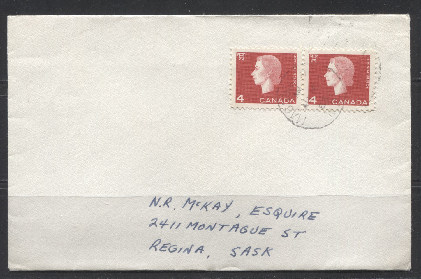 Canada #404 4c Bright Red 1962-1967 Cameo Issue, Pair Used on Double Weight Domestic Cover