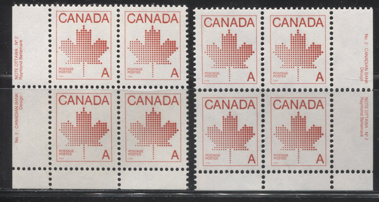 Canada #907ii A(30c) Red Non-Denominated Stamps From The 1982-1987 Artifacts and National Parks Issue. Two VFNH Plate 2 Inscription Blocks on DF/DF-FL Paper