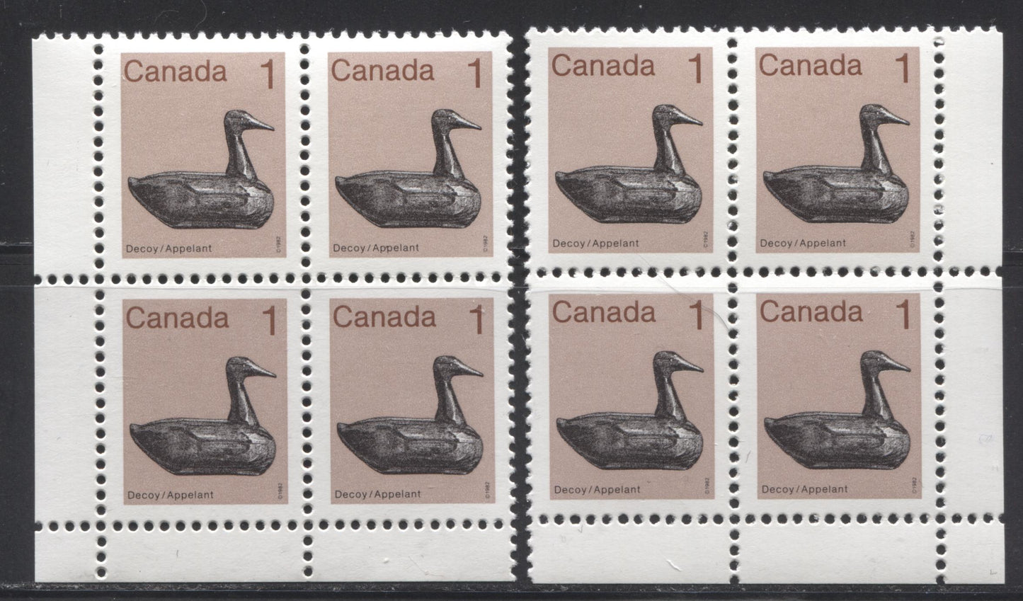 Canada #917aii 1c Multicoloured Decoy, 1982-1987 Artifacts and National Parks Issue, VFNH LL & LR Field Stock Blocks on Dead/DF Clark Paper, With Small Perforation Holes