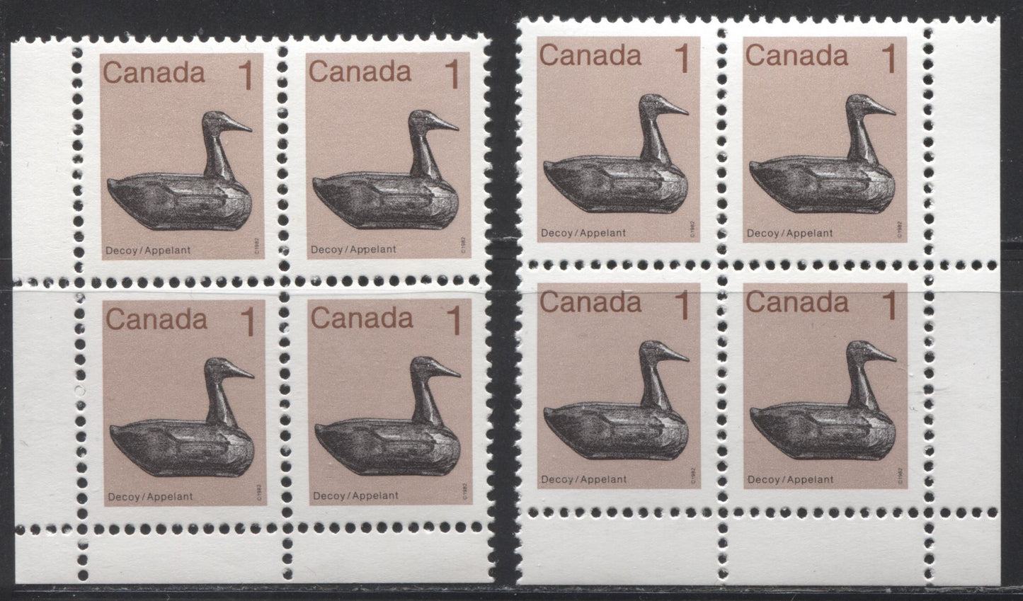 Canada #917aii 1c Multicoloured Decoy, 1982-1987 Artifacts and National Parks Issue, VFNH LL & LR Field Stock Blocks on Dead/DF Clark Paper, With Large Perforation Holes