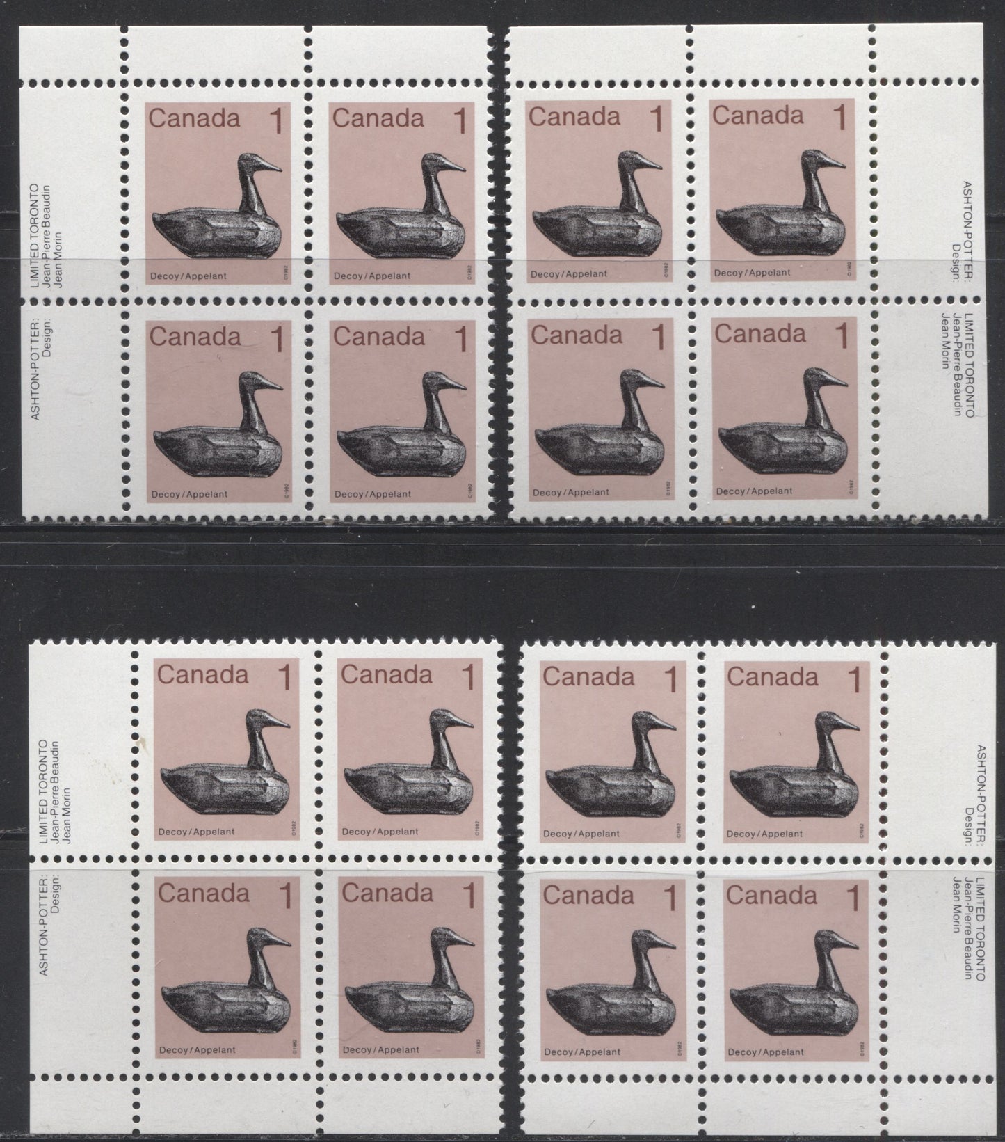Canada #917 1c Multicoloured Decoy, 1982-1987 Artifacts and National Parks Issue, A VFNH Matched Set of Inscription Blocks on NF/NF-fl Abitibi Paper