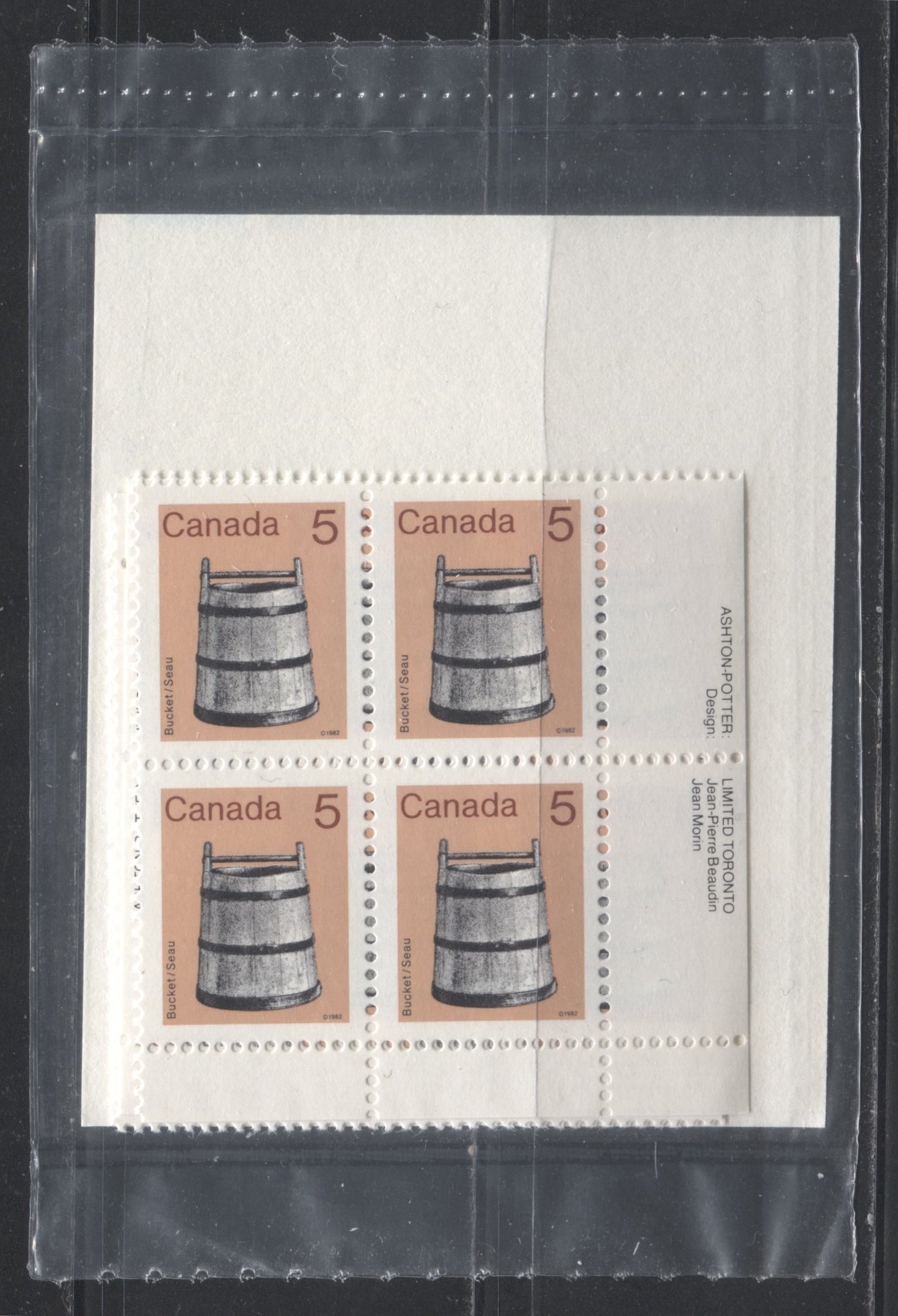 Canada #920 5c Multicolured Bucket, 1982-1987 Artifacts and National Parks Issue. A VFNH Set of Inscription Blocks With A Type 4a Insert Card on DF Stock and Blocks on NF-fl/NF-fl Abitibi Paper