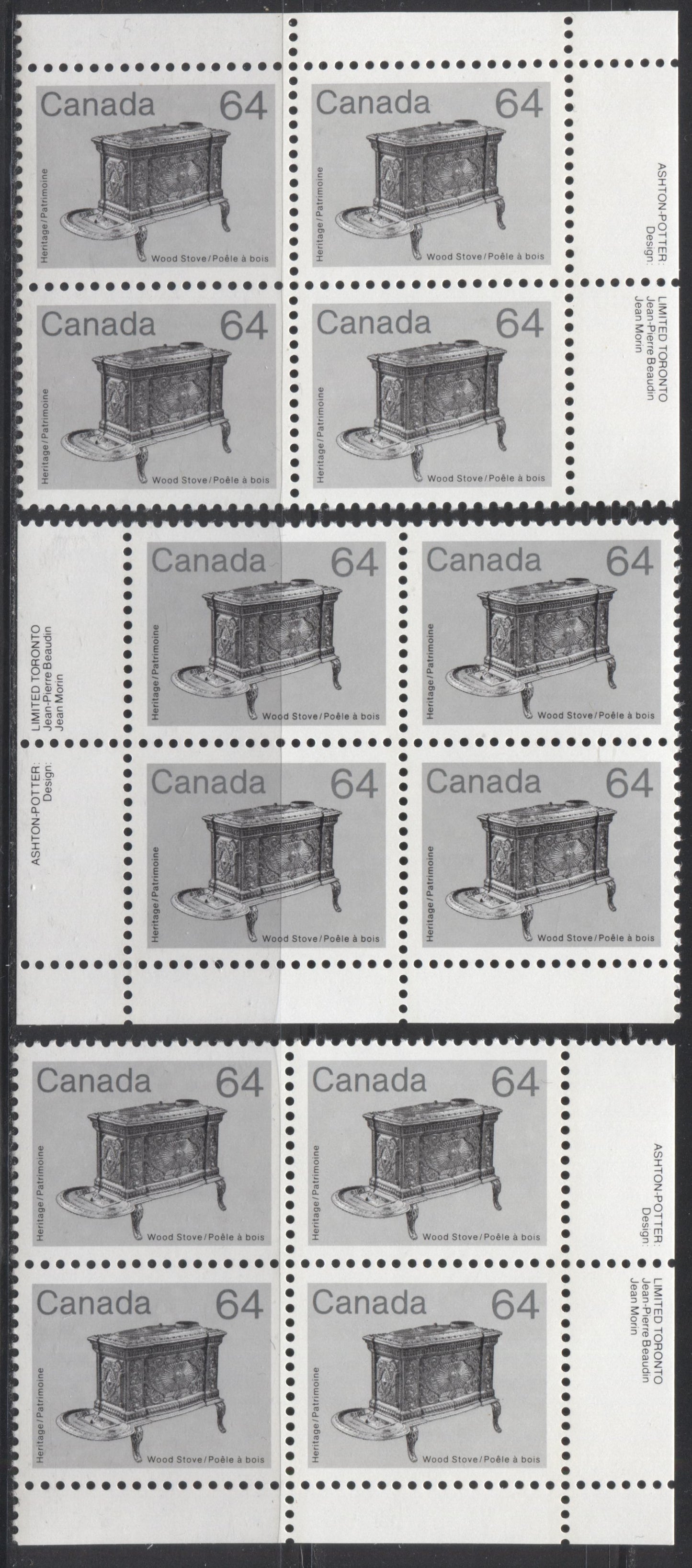 Canada #932 64c Multicoloured Wood Stove, 1982-1987 Artifacts and National Parks Issue, VFNH UR, LL & LR Inscription Block on DF/LF-fl Abitibi Paper With Pale Grey Background