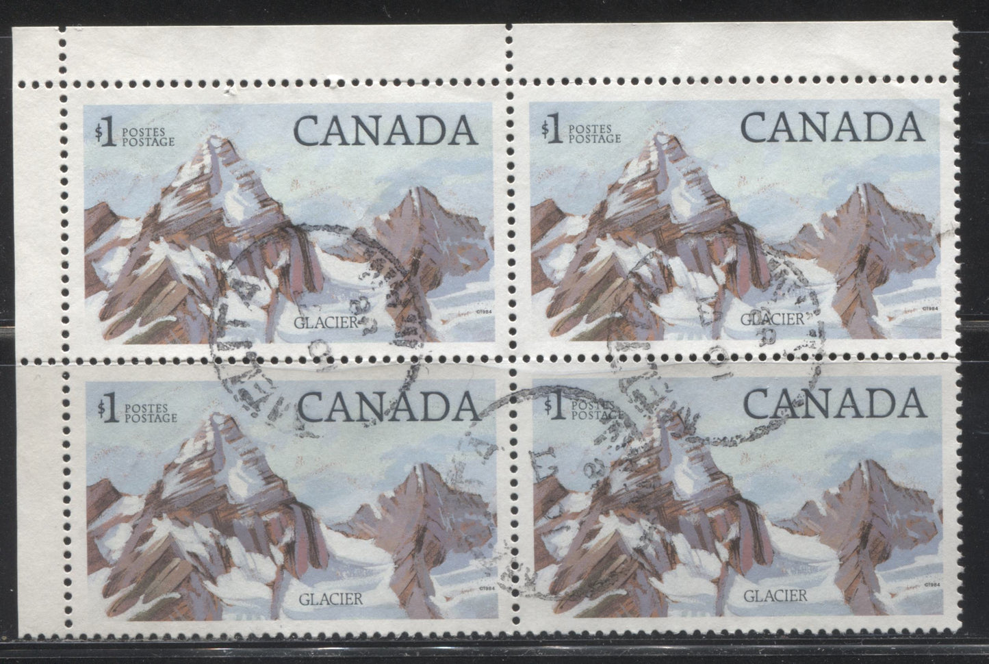 Canada #934iv $1 Multicolored Glacier National Park Stamps From The 1982-1987 Artifacts and National Parks Issue. A Used UL Field Stock Block, VF80