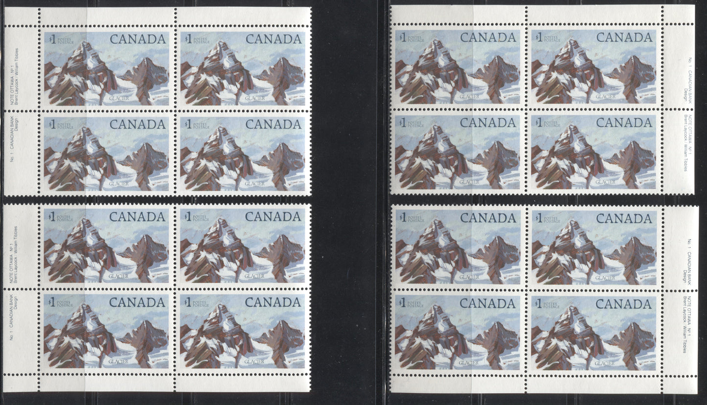 Canada #934 $1 Multicolored Glacier National Park Stamps From The 1982-1987 Artifacts and National Parks Issue. A VFNH Matched Set Of Plate 1 Inscription Blocks on Clark Paper.