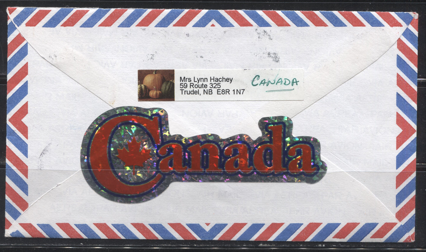 Canada #1674, 1678 2c Ironwork & 9c Quilting, 1998-2003 Trades and Wildlife Issue, Combination Use on September 2001 Cover to New Zealand