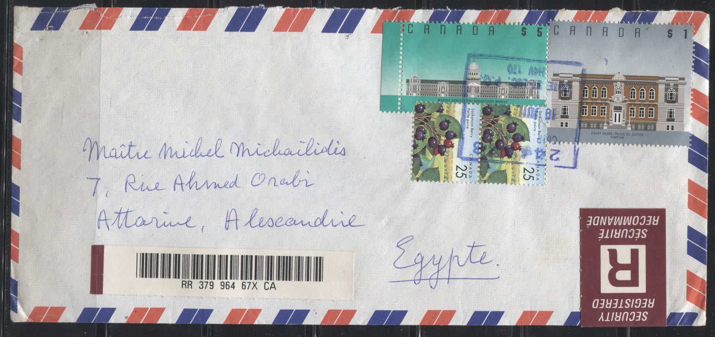 Canada #1183i, 1355iii, 1375b 25c Saskatoon Berry, $1 Yorkton Courthouse, $5 Bonsecours Market 1991 - 1998 Fruit & Flag Issue, Combination Use on July 1997 Registered Cover to Egypt